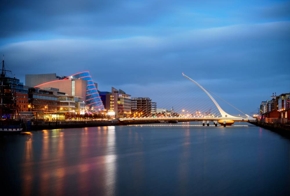 Samuel Beckett Bridge is a cable-stayed bridge in Dublin that joins Sir John Rogerson's Quay on the south side of the River Liffey to Guild Street and North Wall Quay in the Docklands area.